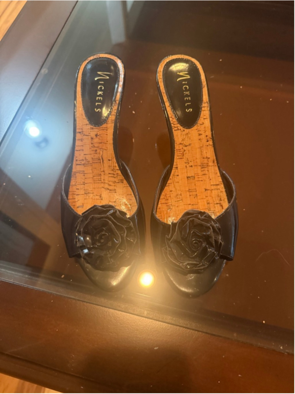Women's Nickels Black Patent Leather Cork Mules Size 8.5